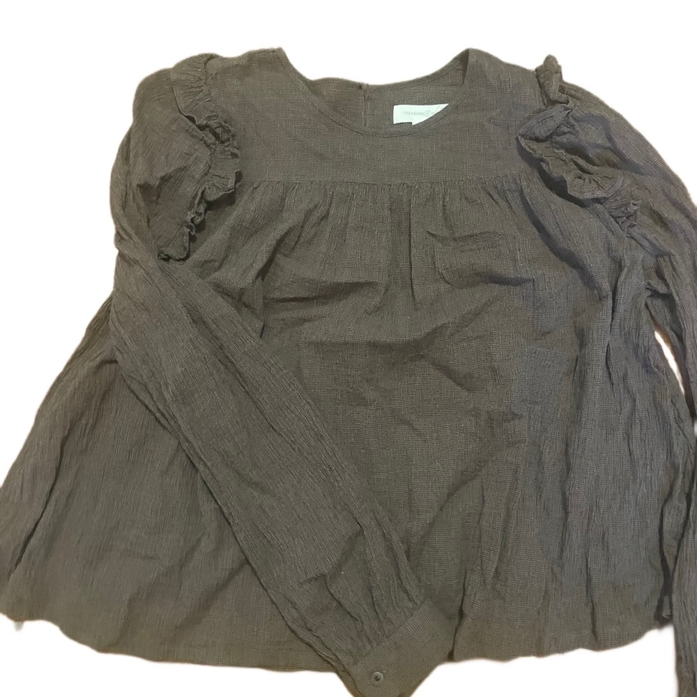 Brown Long Sleeve Blouse With Ruffles on Shoulders